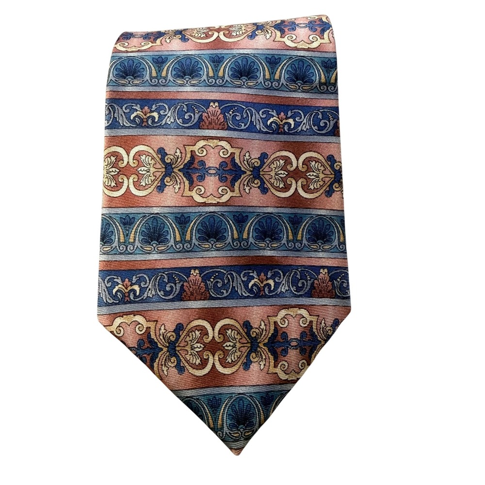Oscar de la Renta Mens Silk‎ Tie Blue Pink Gold Baroque Scroll Pattern Necktie